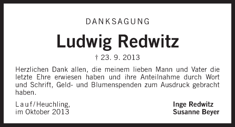  Traueranzeige für Ludwig Redwitz vom 05.10.2013 aus Der Bote