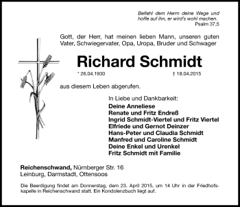 Traueranzeige von Richard Schmidt von Hersbrucker Zeitung