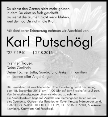 Traueranzeige von Karl Putschögl von Pegnitz-Zeitung