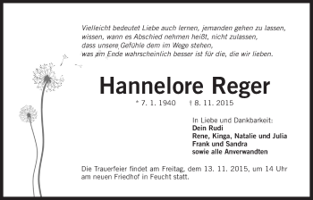 Traueranzeige von Hannelore Reger von Der Bote