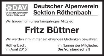 Traueranzeige von Fritz Büttner von Pegnitz-Zeitung