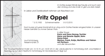 Traueranzeige von Fritz Oppel von Pegnitz-Zeitung