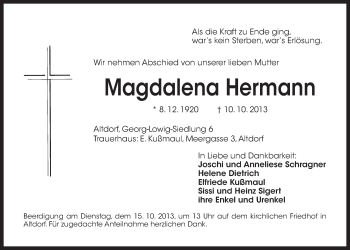 Traueranzeige von Magdalena Hermann von Der Bote