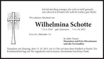 Traueranzeige von Wilhelmina Schotte von Der Bote