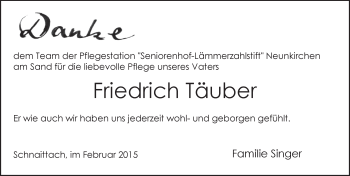 Traueranzeige von Friedrich Täuber von Pegnitz-Zeitung