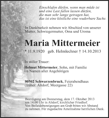 Traueranzeige von Maria Mittermeier von Der Bote