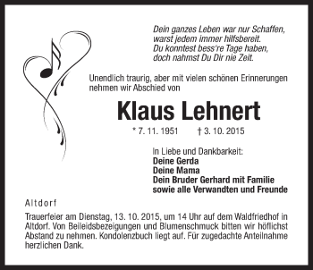 Traueranzeige von Klaus Lehnert von Der Bote