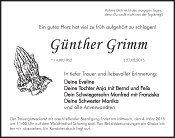 Traueranzeige von Günther Grimm von Pegnitz-Zeitung