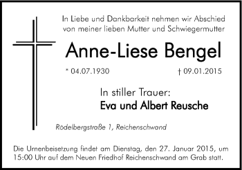 Traueranzeige von Anne-Liese Bengel von Hersbrucker Zeitung