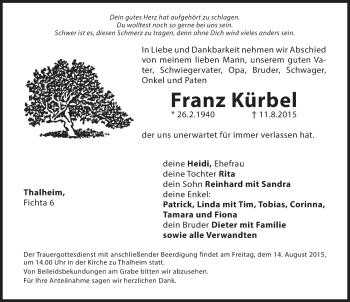 Traueranzeige von Franz Kürbel von Hersbrucker Zeitung