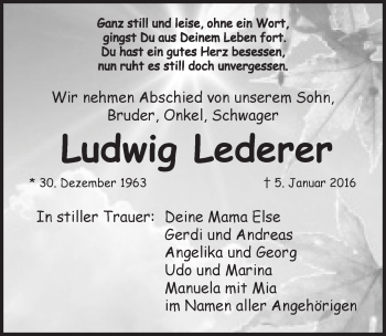 Traueranzeige von Ludwig Lederer von Hersbrucker Zeitung