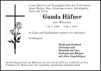 Traueranzeige von Gunda Häfner von Pegnitz-Zeitung