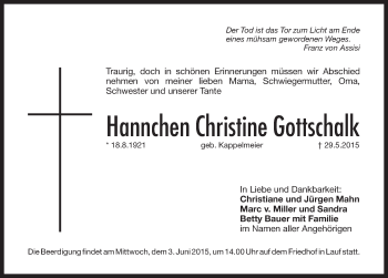Traueranzeige von Hannchen Christine Gottschalk von Pegnitz-Zeitung