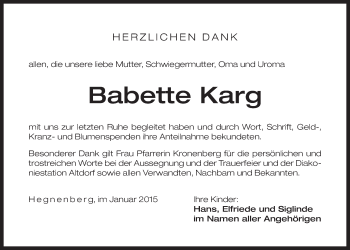 Traueranzeige von Babette Karg von Der Bote