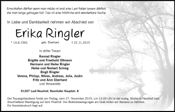 Traueranzeige von Erika Ringler von Hersbrucker Zeitung
