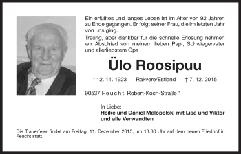 Traueranzeige von Ülo Roosipuu von Der Bote