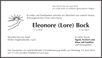 Traueranzeige von Eleonore Lore Bock von Pegnitz-Zeitung