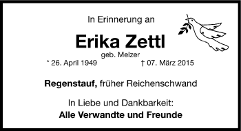 Traueranzeige von Erika Zettl von Hersbrucker Zeitung