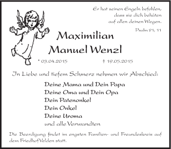 Traueranzeige von Maximilian Manuel Wenzl von Hersbrucker Zeitung