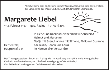 Traueranzeige von Margarete Liebel von Hersbrucker Zeitung