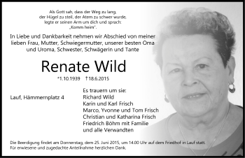 Traueranzeige von Renate Wild von Pegnitz-Zeitung