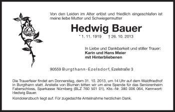 Traueranzeige von Hedwig Bauer von Der Bote