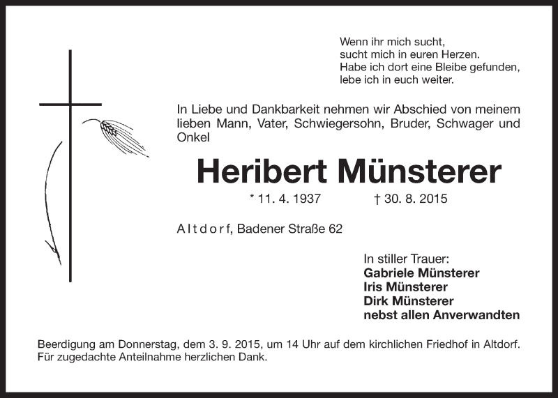  Traueranzeige für Heribert Münsterer vom 02.09.2015 aus Der Bote