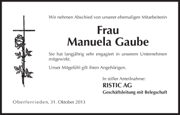 Traueranzeige von Manuela Gaube von Der Bote