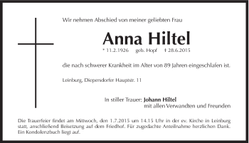 Traueranzeige von Anna Hiltel von Hersbrucker Zeitung