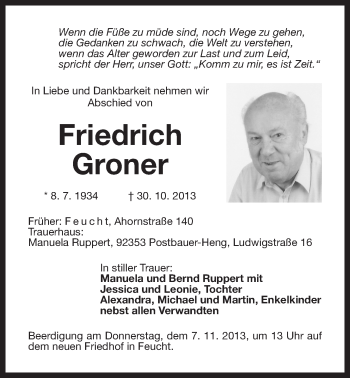 Traueranzeige von Friedrich Groner von Der Bote