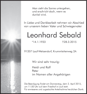 Traueranzeige von Leonhard Sebald von Pegnitz-Zeitung