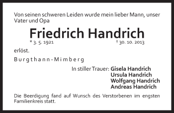 Traueranzeige von Friedrich Handrich von Der Bote