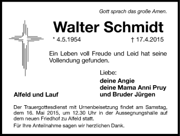 Traueranzeige von Walter Schmidt von Hersbrucker Zeitung