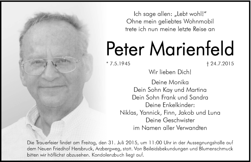  Traueranzeige für Peter Marienfeld vom 29.07.2015 aus Hersbrucker Zeitung