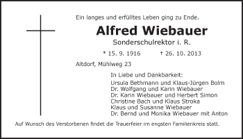 Traueranzeige von Alfred Wiebauer von Der Bote