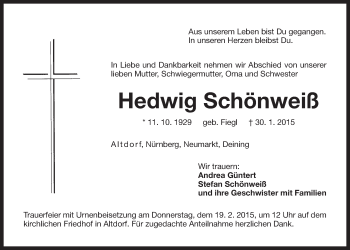 Traueranzeige von Hedwig Schönweiß von Der Bote