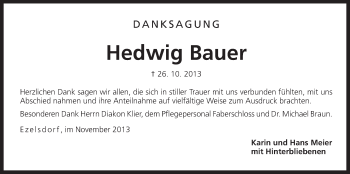 Traueranzeige von Hedwig Bauer von Der Bote