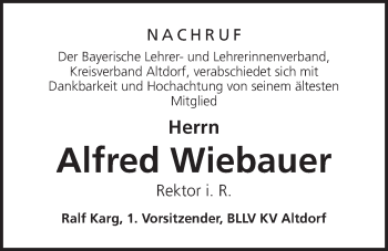 Traueranzeige von Alfred Wiebauer von Der Bote