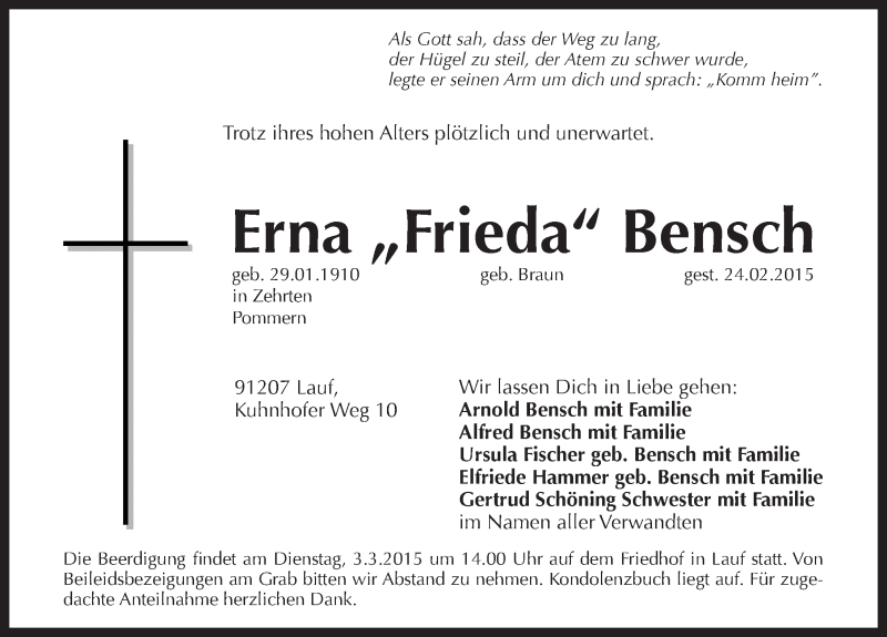  Traueranzeige für Erna Bensch vom 28.02.2015 aus Pegnitz-Zeitung