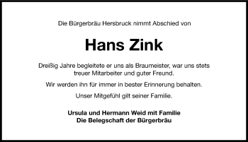 Traueranzeige von Hans Zink von Hersbrucker Zeitung