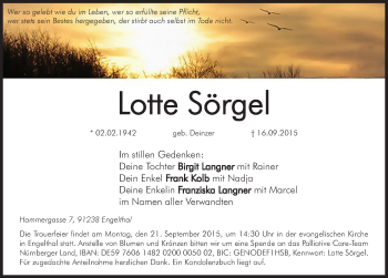 Traueranzeige von Lotte Sörgel von Pegnitz-Zeitung
