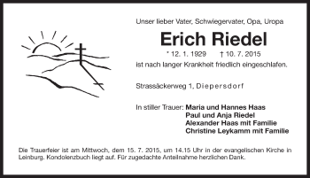 Traueranzeige von Erich Riedel von Pegnitz-Zeitung