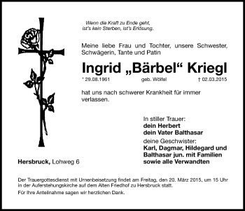Traueranzeige von Ingrid Kriegl von Hersbrucker Zeitung