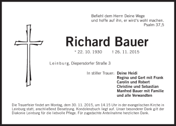 Traueranzeige von Richard Bauer von Der Bote