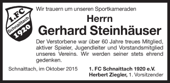 Traueranzeige von Gerhard Steinhäuser von Pegnitz-Zeitung