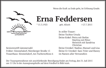 Traueranzeige von Erna Feddersen von Pegnitz-Zeitung