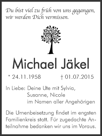 Traueranzeige von Michael Jäkel von Pegnitz-Zeitung