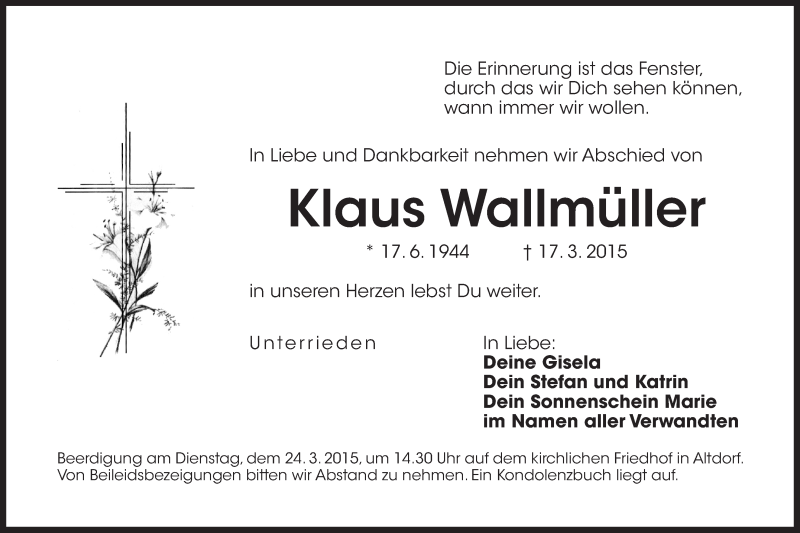  Traueranzeige für Klaus Wallmüller vom 21.03.2015 aus Der Bote