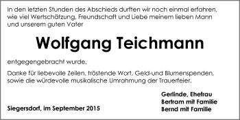Traueranzeige von Wolfgang Teichmann von Hersbrucker Zeitung
