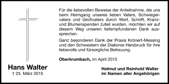 Traueranzeige von Hans Walter von Hersbrucker Zeitung
